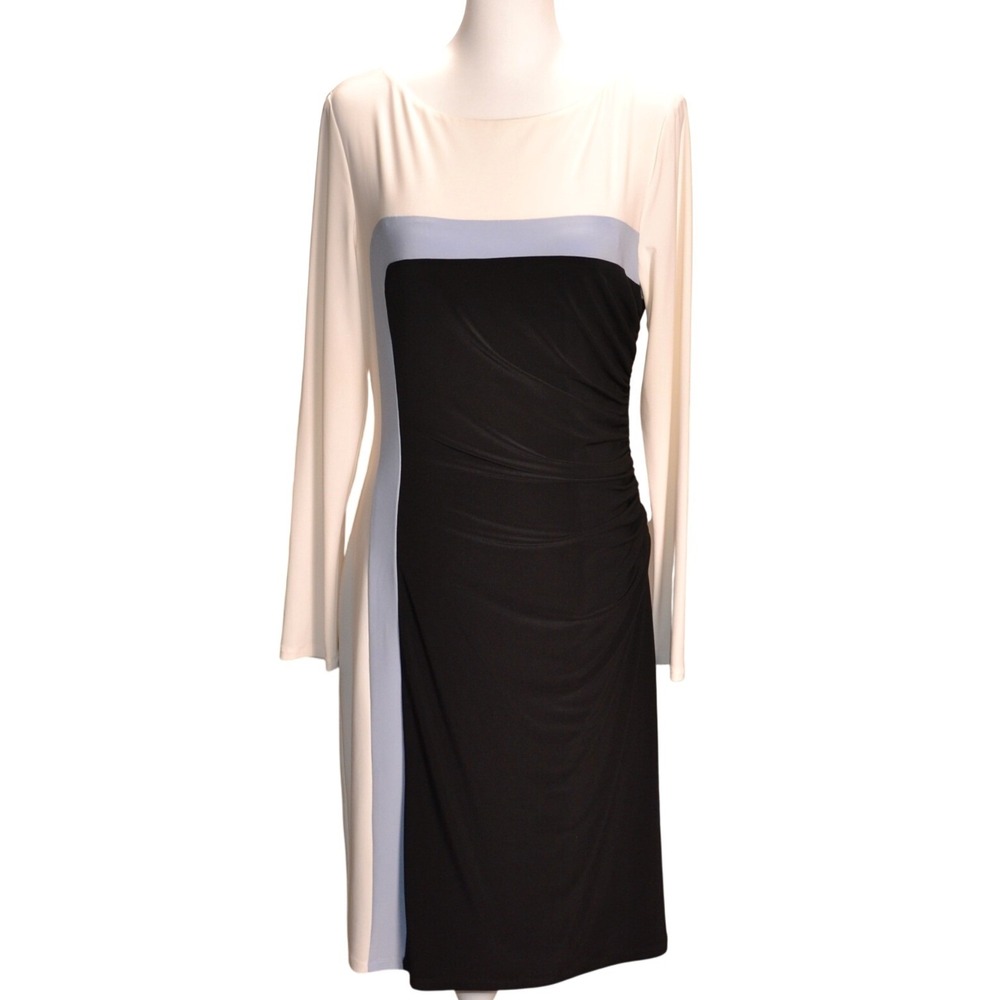 Lauren Ralph‎ Lauren Colorblock Sheath Dress Women 12 Black Cream Blue Ruched